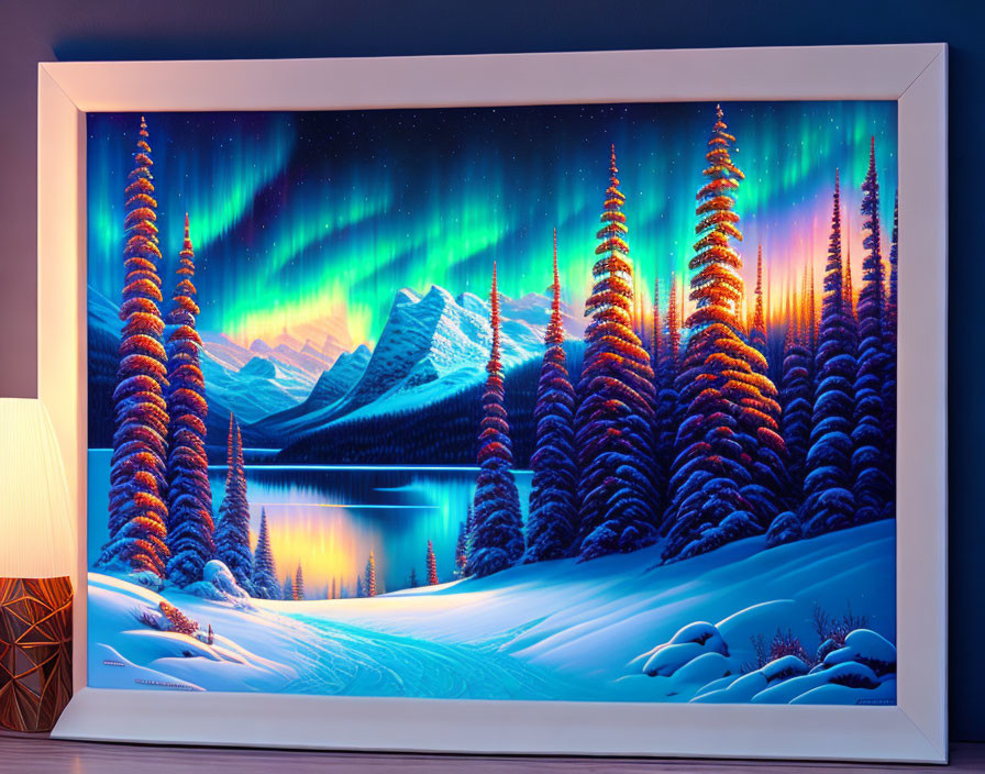 Winter landscape painting: snow-covered trees, mountains, lake, & northern lights