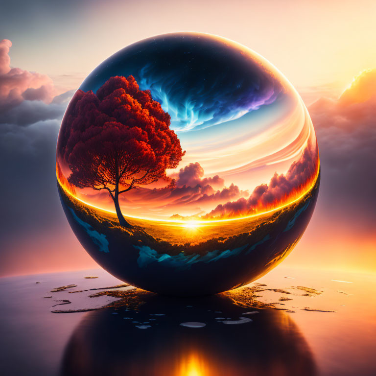 Surreal spherical world with lone tree at sunset by serene water