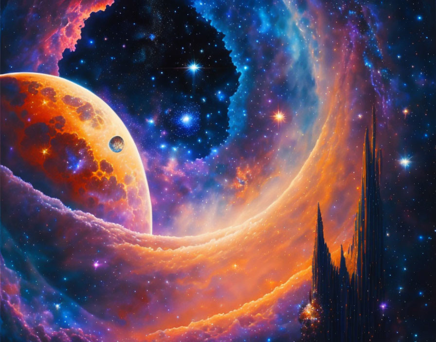 Colorful cosmic scene with orange planet, moon, galaxy backdrop, and nebulae.