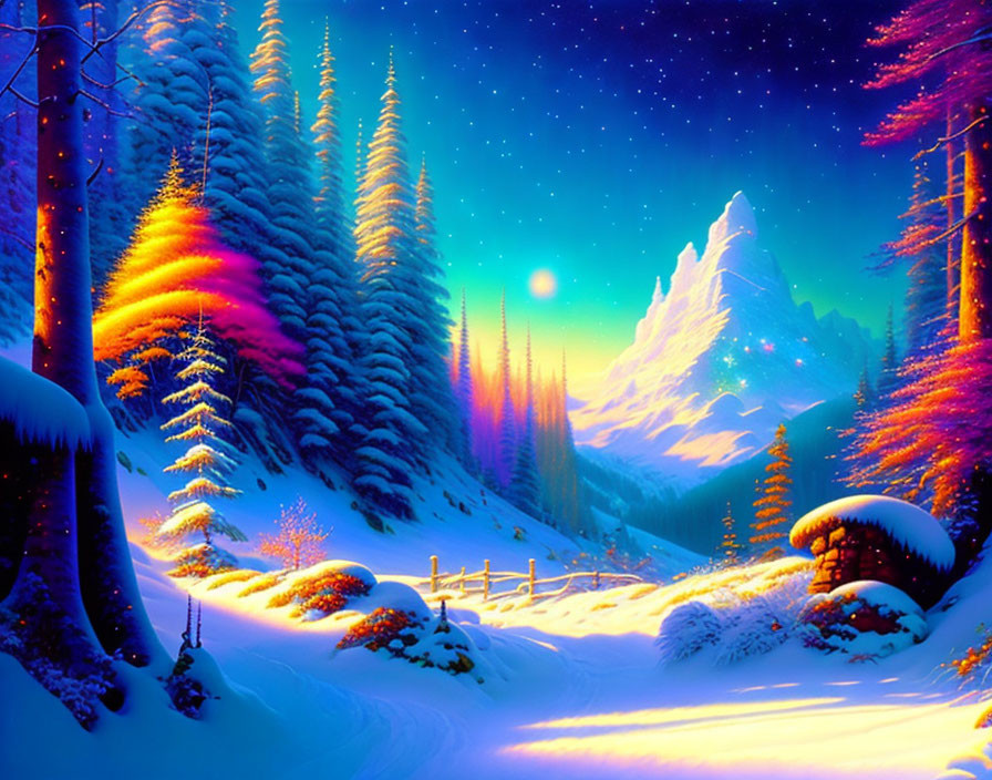 Snow-covered trees in starry night forest scene