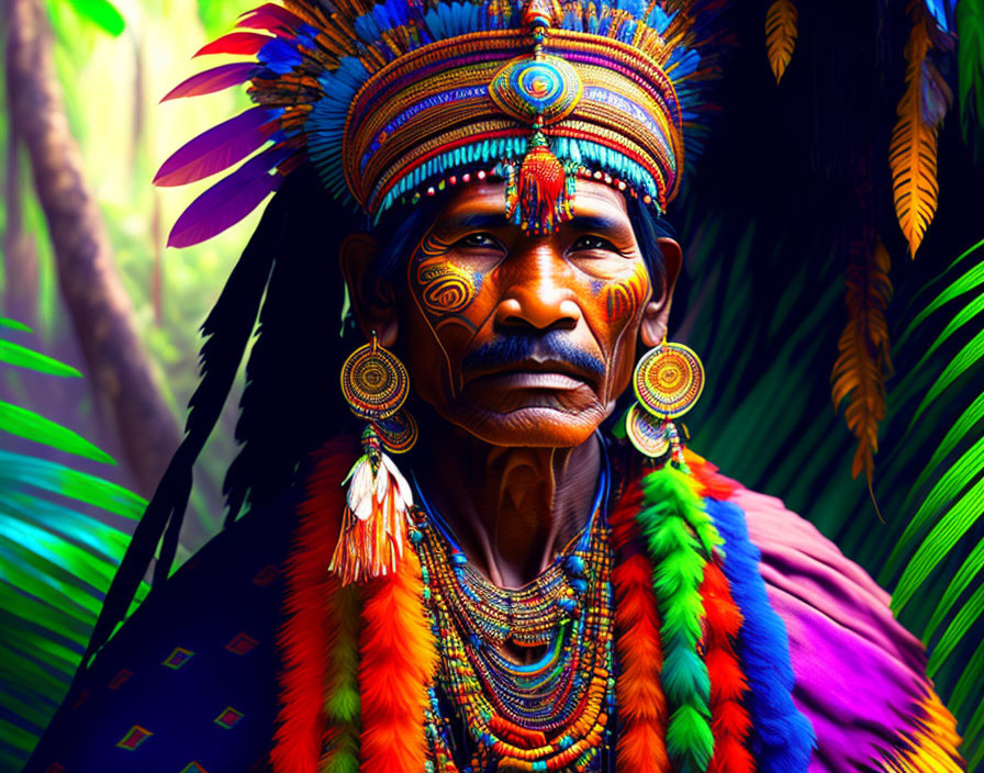 Indigenous person in ceremonial attire with vibrant feathers and face paint against green backdrop