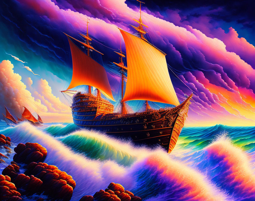 Colorful digital artwork: sailing ship with orange sails on vibrant sea with dramatic sky.