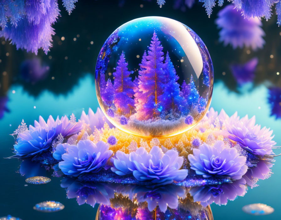 Fantasy crystal ball with wintry pine forest and starry night sky reflection