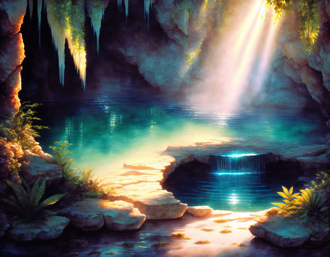 Serene cave with sunlight, turquoise pool, cascading water