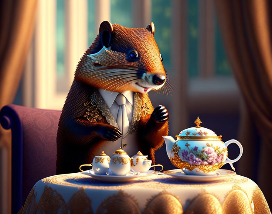 Well-dressed badger having tea at elegantly set table