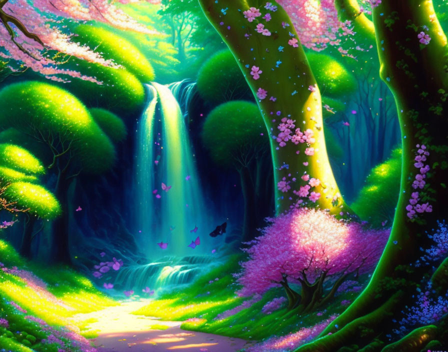 Vibrant enchanted forest with waterfall and blossoming flowers