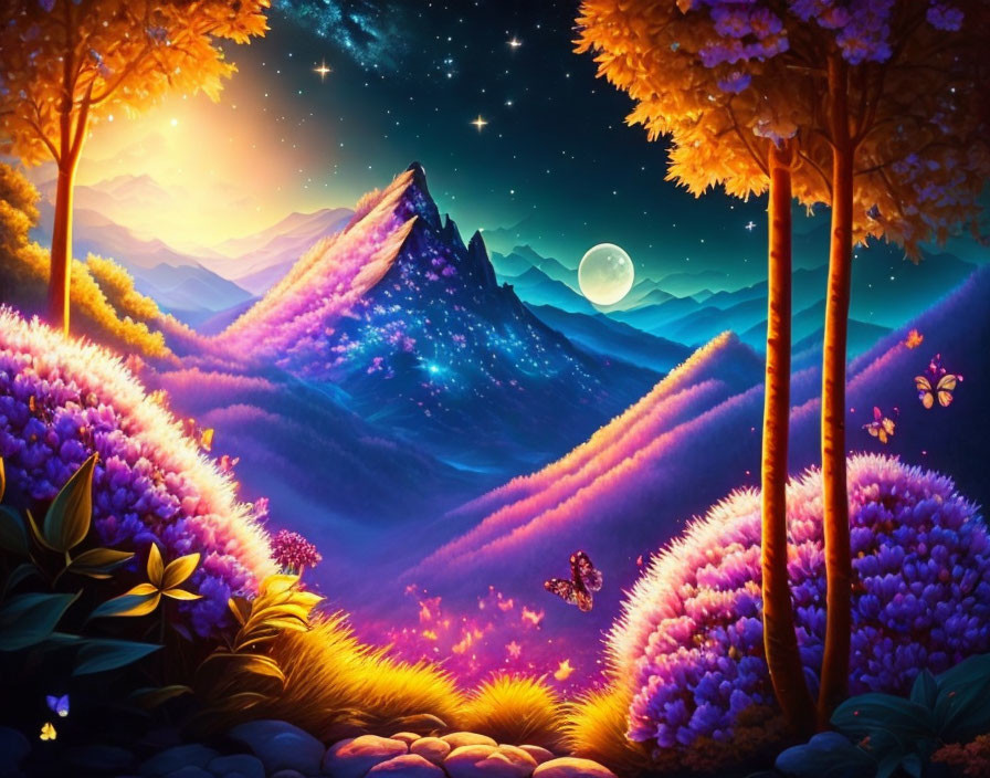 Colorful Landscape with Purple Flora, Mountain Peak, and Full Moon