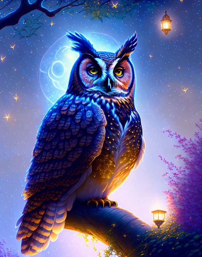 Mystical owl on branch under starry night sky with glowing aura and lantern