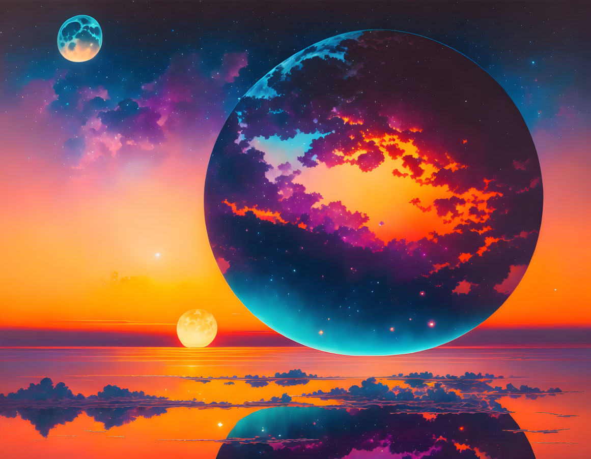 Digital Art: Large Celestial Bodies Over Reflective Water