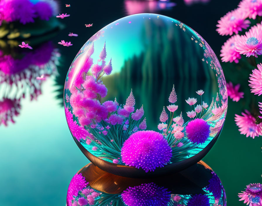 Colorful Crystal Ball with Miniature Garden on Stand Reflects Enchanted Forest