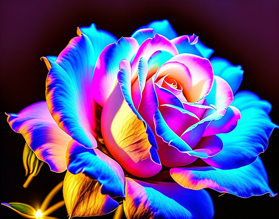 Vibrant Multi-Colored Rose on Dark Background with Glowing Edge