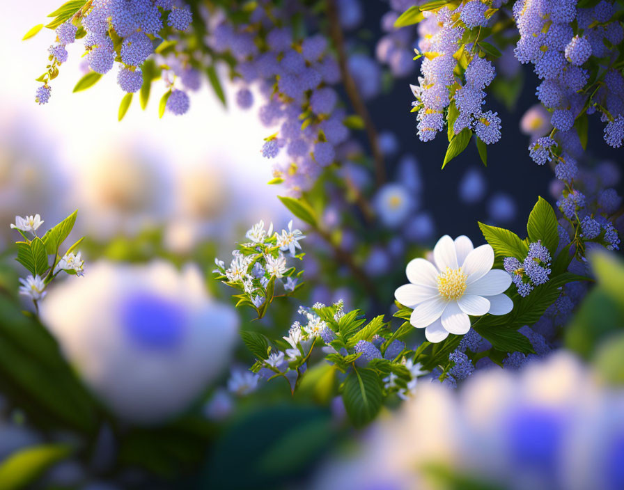 Lush garden scene with white and purple flowers in focus