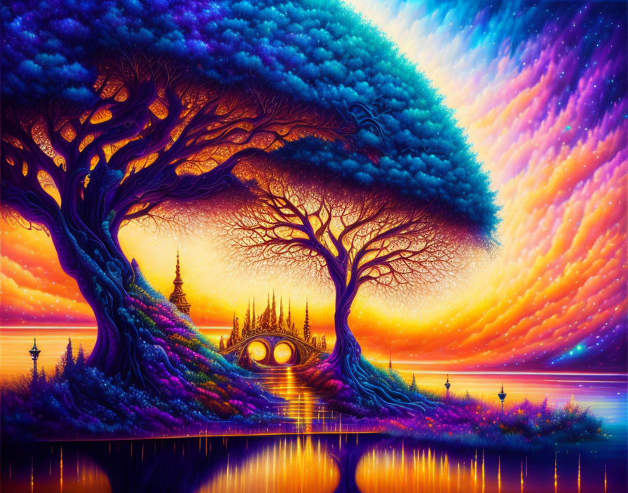 Majestic purple trees in vibrant fantasy landscape