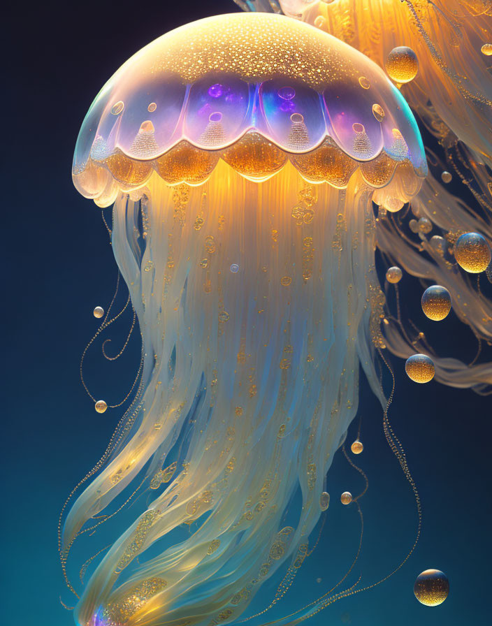 Translucent jellyfish with purple to gold gradient colors in deep blue background