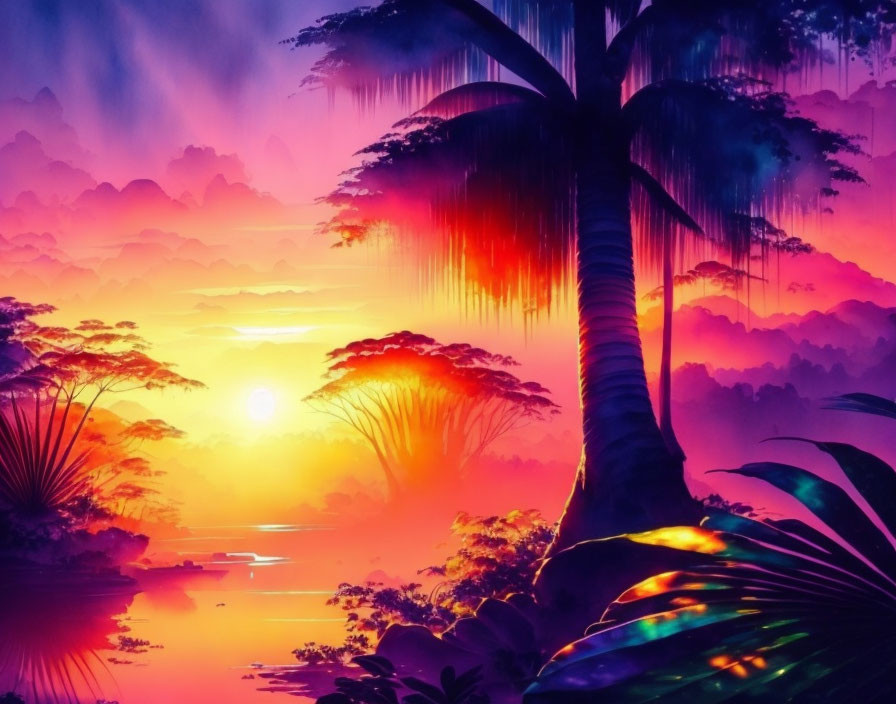 Tropical sunset with silhouetted palm trees and radiant sun.