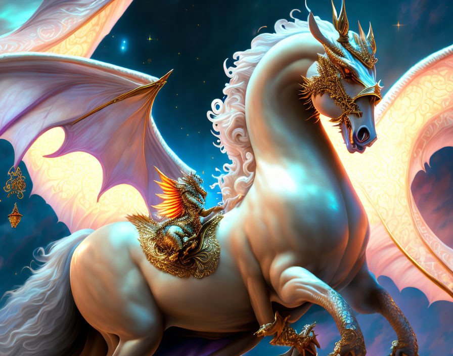 White Dragon with Horned Head and Golden Embellishments Against Starry Sky