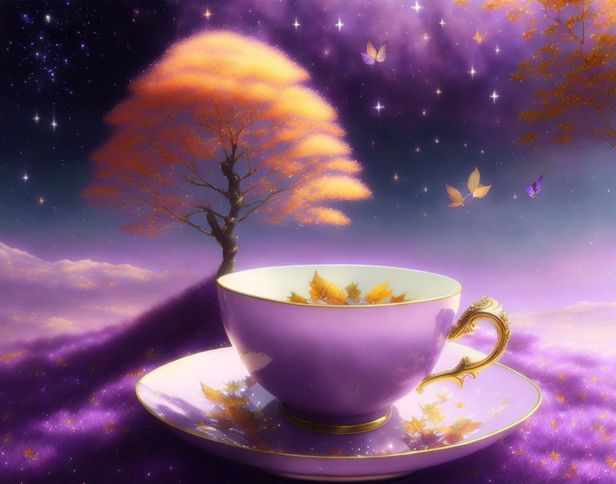 Purple teacup on saucer in surreal landscape with lone tree and floating leaves under starry sky