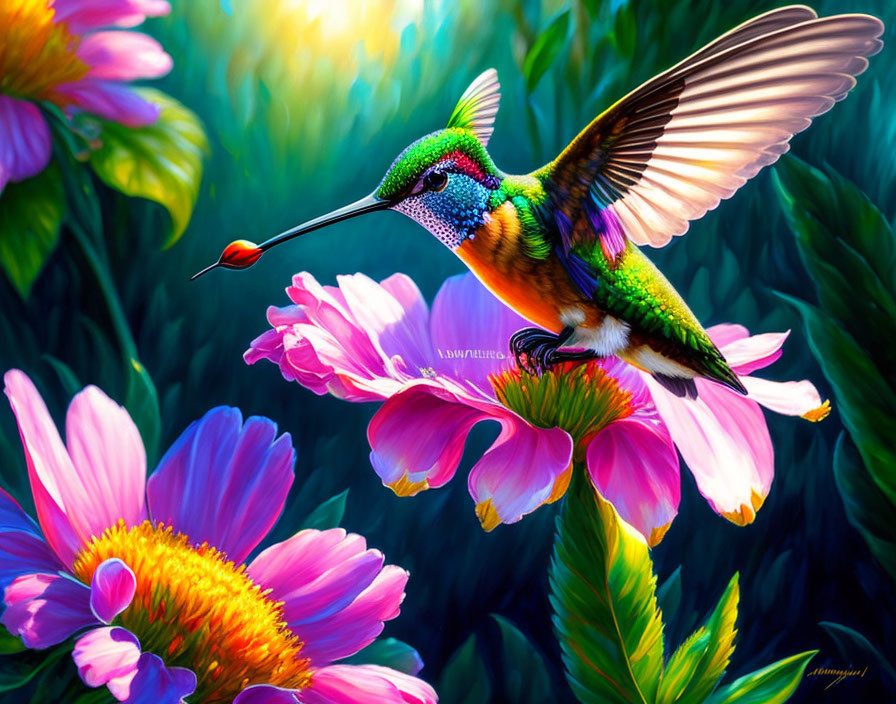 Colorful digital artwork: Hummingbird near pink flowers and green foliage