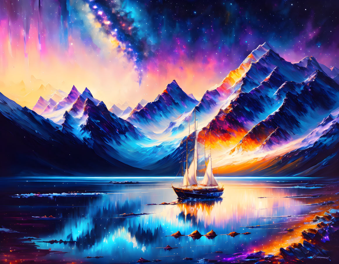 Vivid Digital Art: Serene Lake, Sailboat, Snowy Mountains, Starry Night Sky