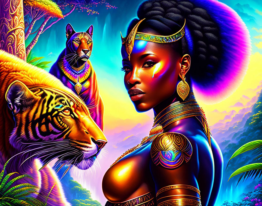 Colorful jungle scene with woman, tigers, and jewelry