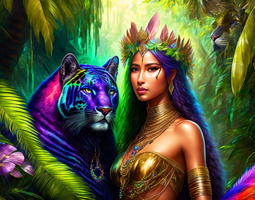 Colorful artwork: Woman with headpiece and tiger in lush jungle