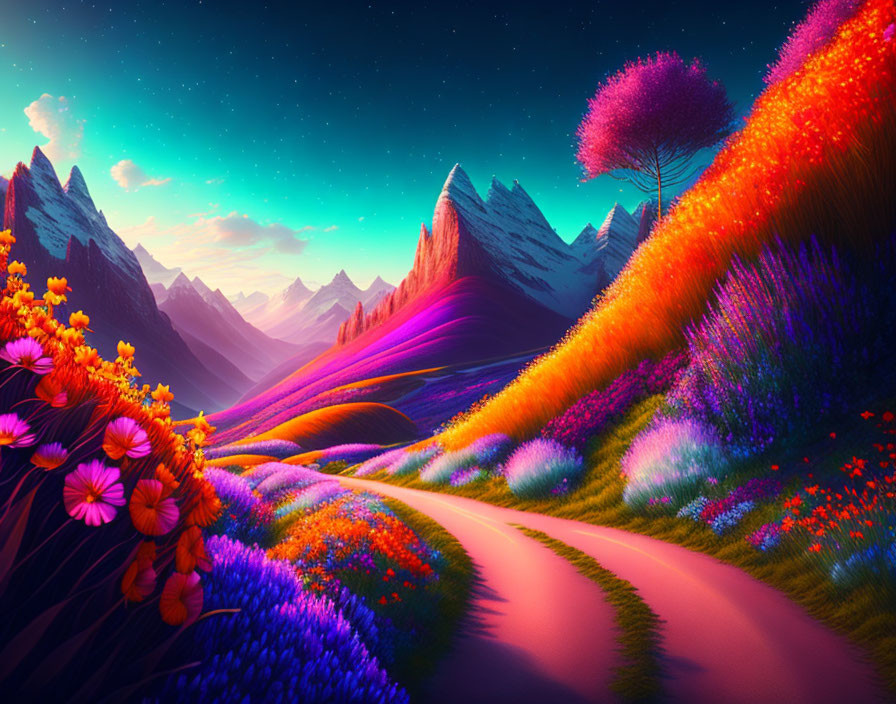 Colorful Flora and Pointed Mountains in Digital Art