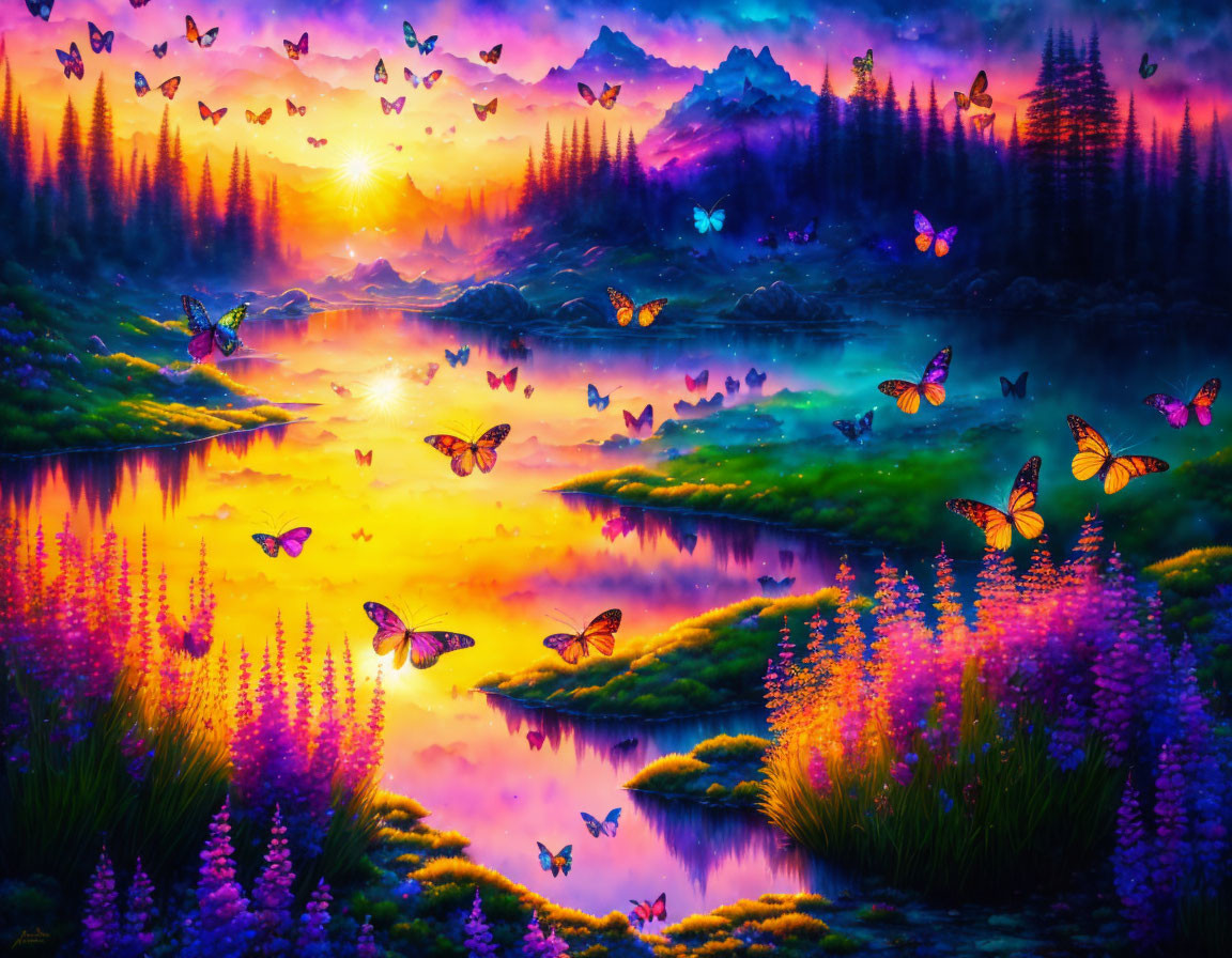 Colorful sunset over serene lake with butterflies, colorful flora, and mountains.