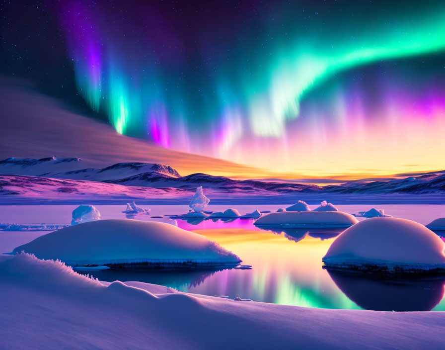 Majestic aurora borealis illuminating snowy landscape with icebergs in tranquil water under twilight