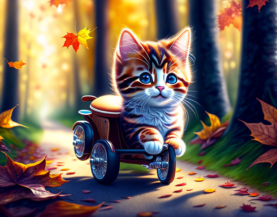 Digital illustration: Cute kitten in wooden wagon surrounded by autumn leaves in forest path