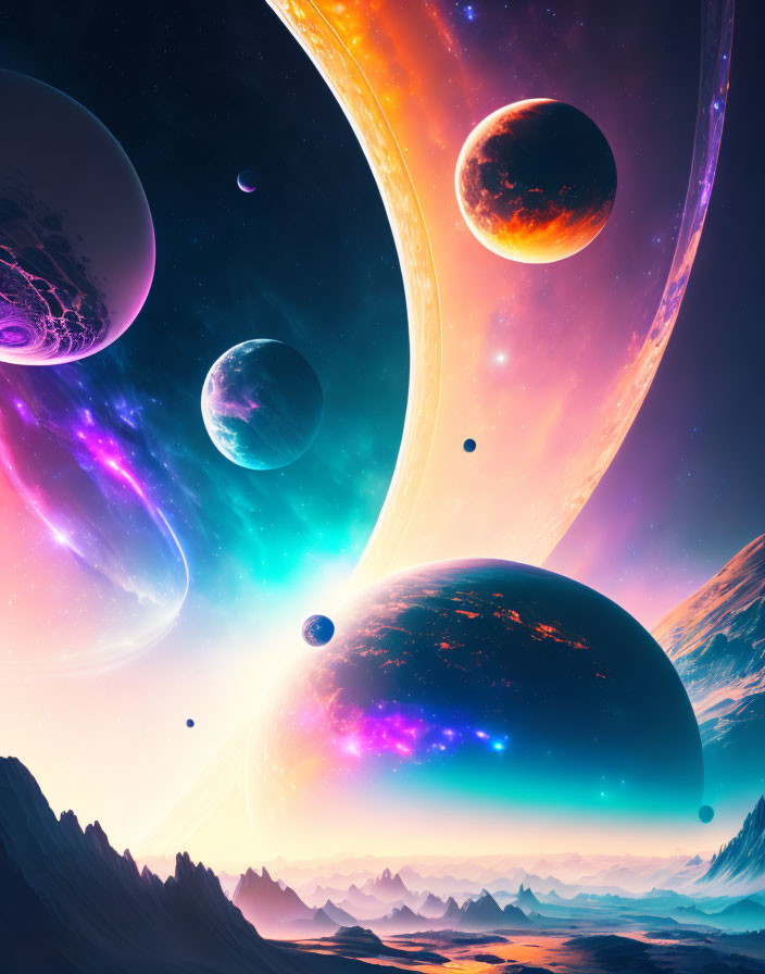 Colorful digital artwork of cosmic scene with planets, nebula, and starry sky.