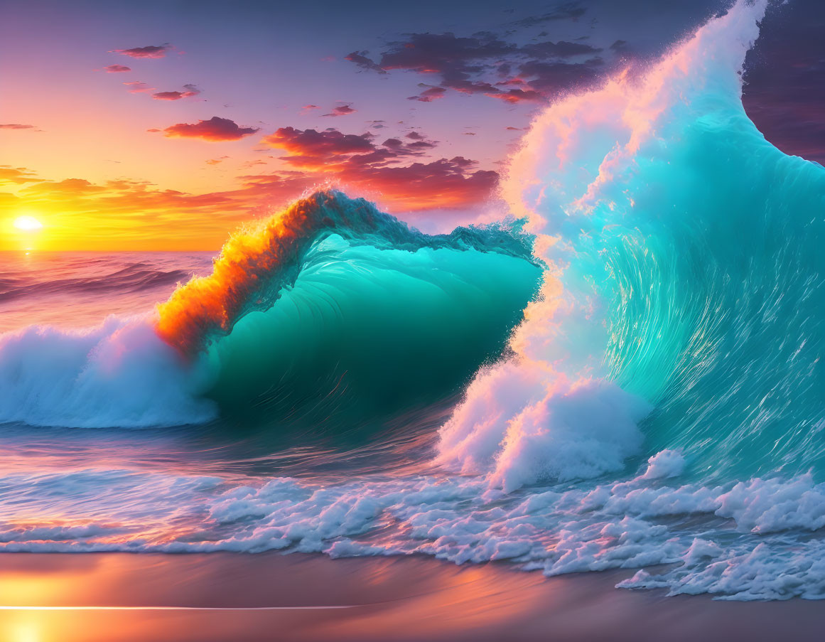 Vibrant ocean sunset with large curling wave