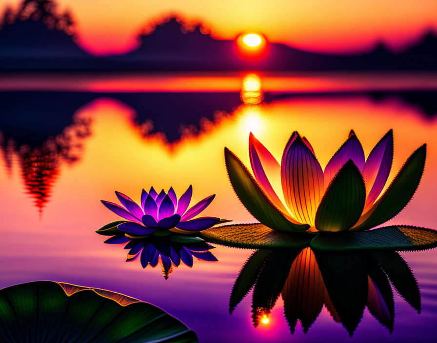 Colorful Lotus Flowers Floating on Water at Sunset