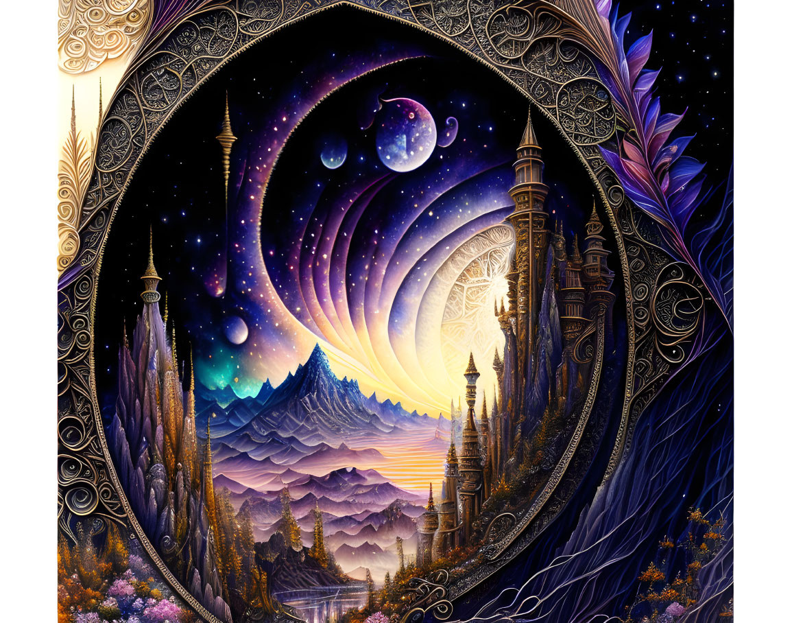 Fantasy illustration of mystical landscape with mountains, castle, stars, and ornate borders