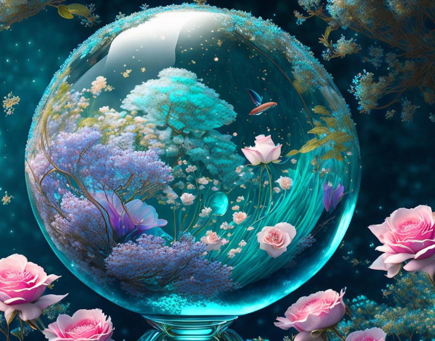 Ethereal underwater scene in glass sphere with roses on dark blue background