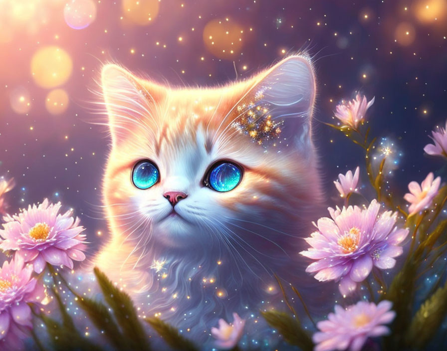 Illustrated orange kitten with blue eyes in pink floral and starry setting