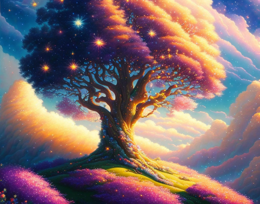 Colorful painting of majestic tree with starry leaves in dreamy sky