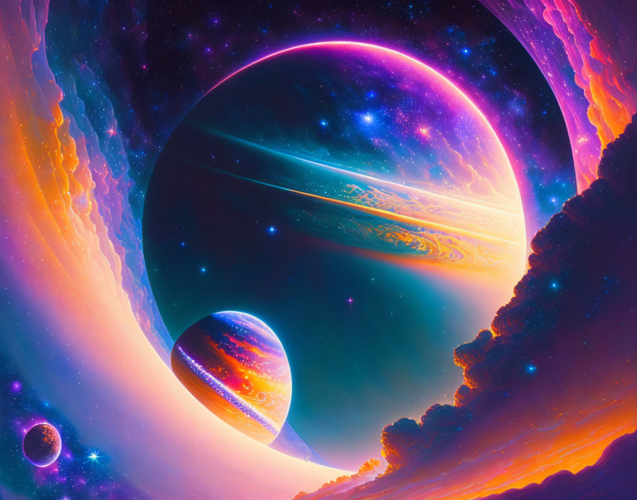 Colorful surreal space scene with ringed planet and nebula