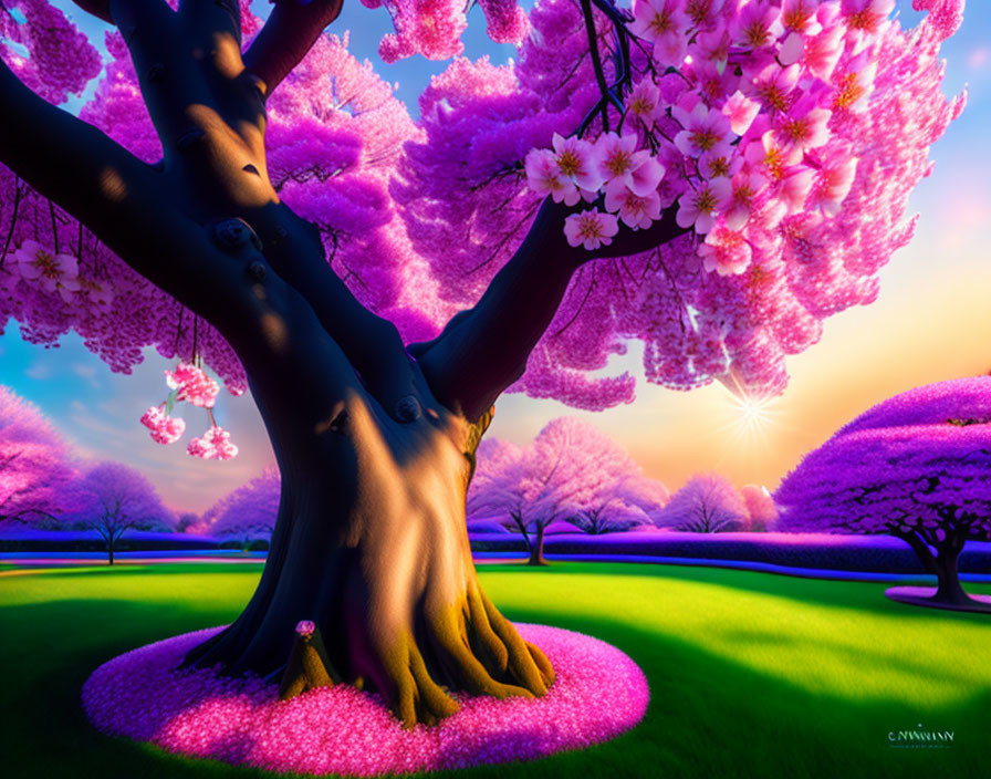 Scenic landscape with blooming cherry blossoms and lush green lawn