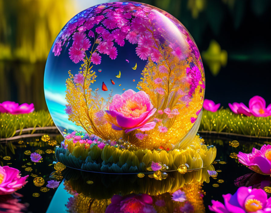 Miniature pink floral landscape in crystal ball under twilight sky