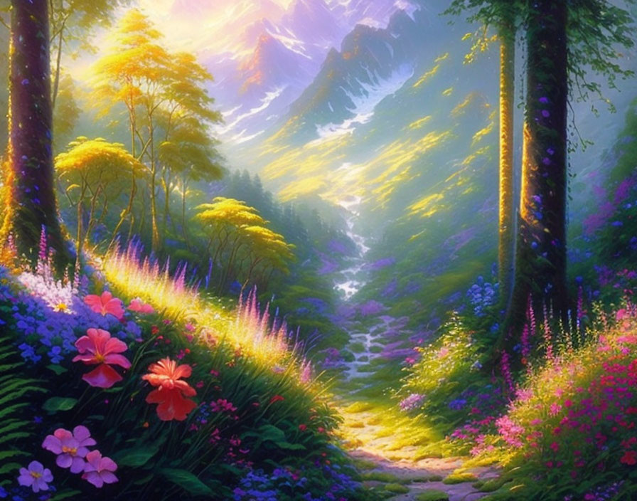 Lush greenery and blooming flowers in vibrant forest scene