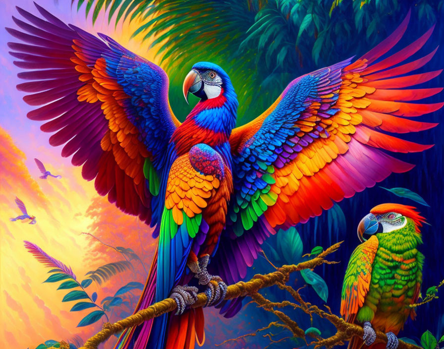 Colorful digital artwork: Two macaws on branch at sunset