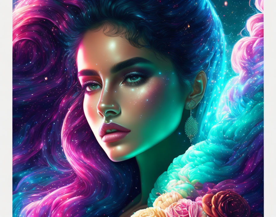 Cosmic-themed digital artwork featuring woman with pink, blue, and purple hair.