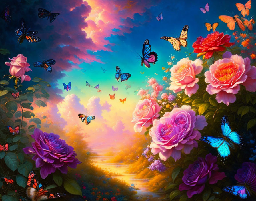 Colorful roses and butterflies in sunset sky with fluffy clouds.