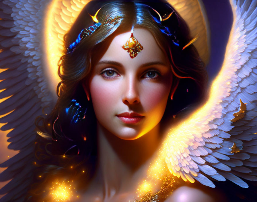 Celestial figure with white wings and glowing ornaments