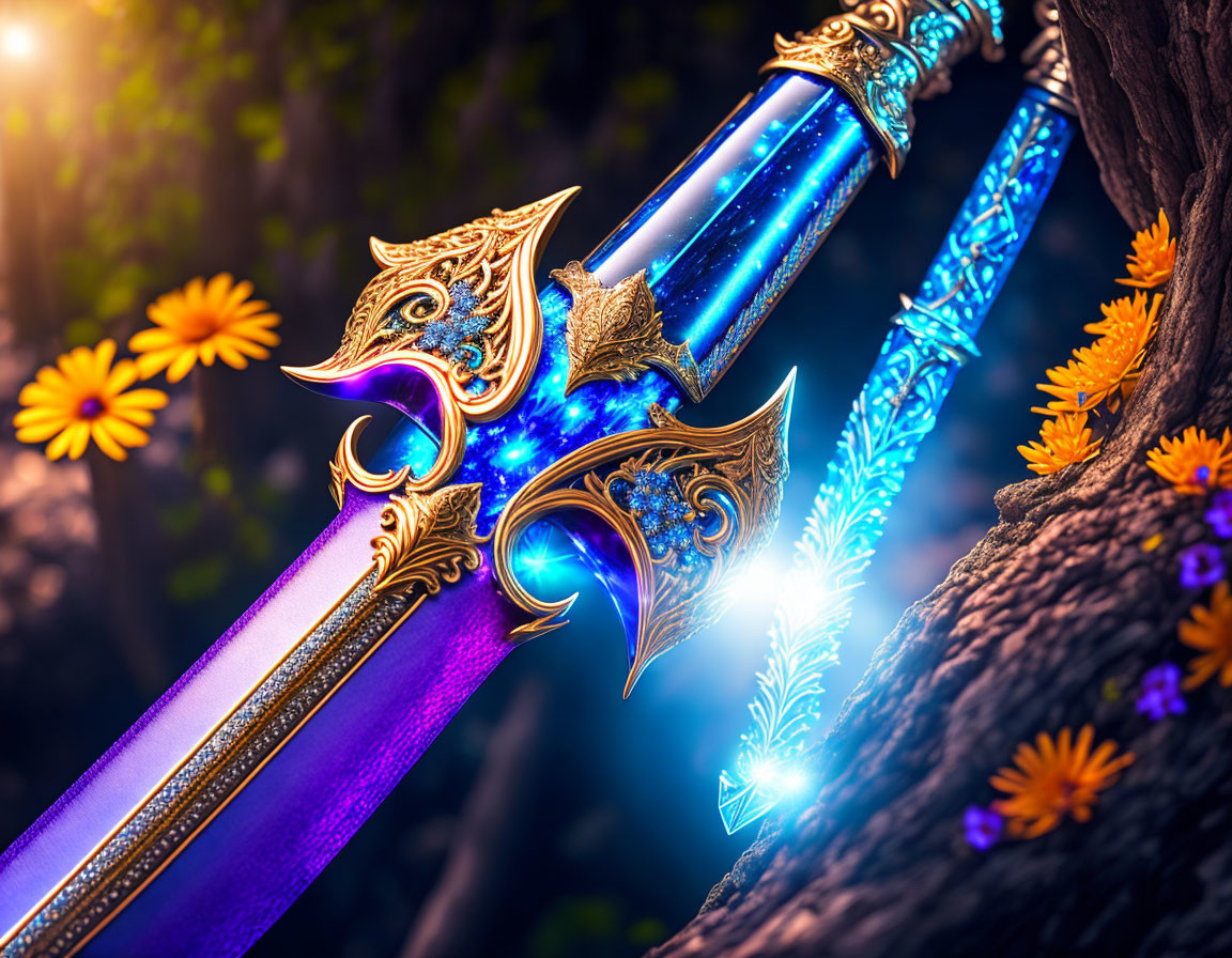 Ornate blue and gold sword in tree trunk with floral surroundings