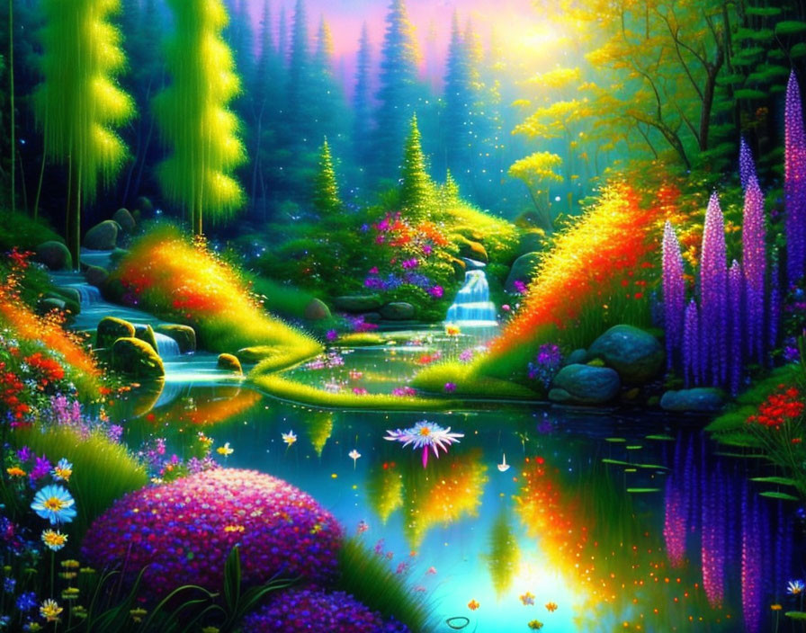 Fantasy landscape with sparkling river, lush greenery, colorful flowers, and radiant glow