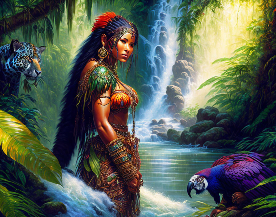 Tribal attire woman in lush jungle with waterfall, jaguar, and bird