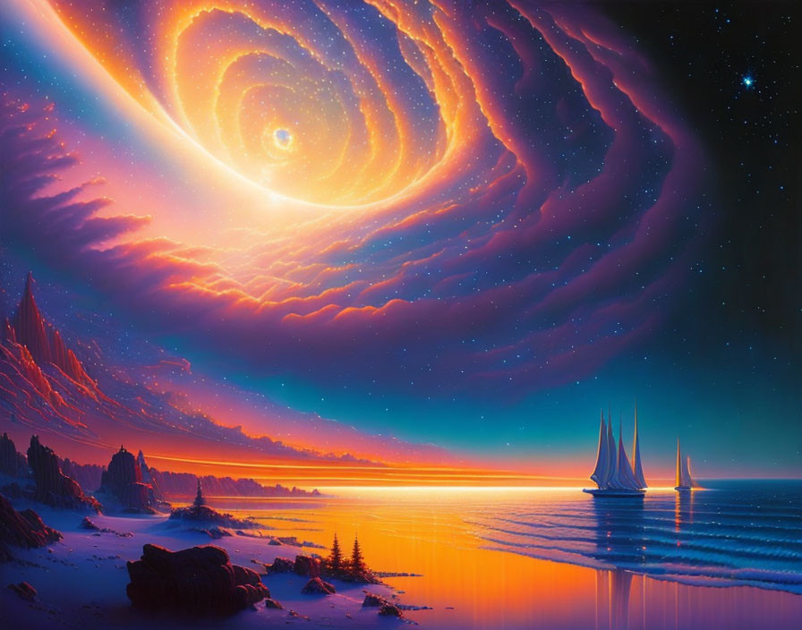 Surreal beach sunset with spiral galaxy above horizon