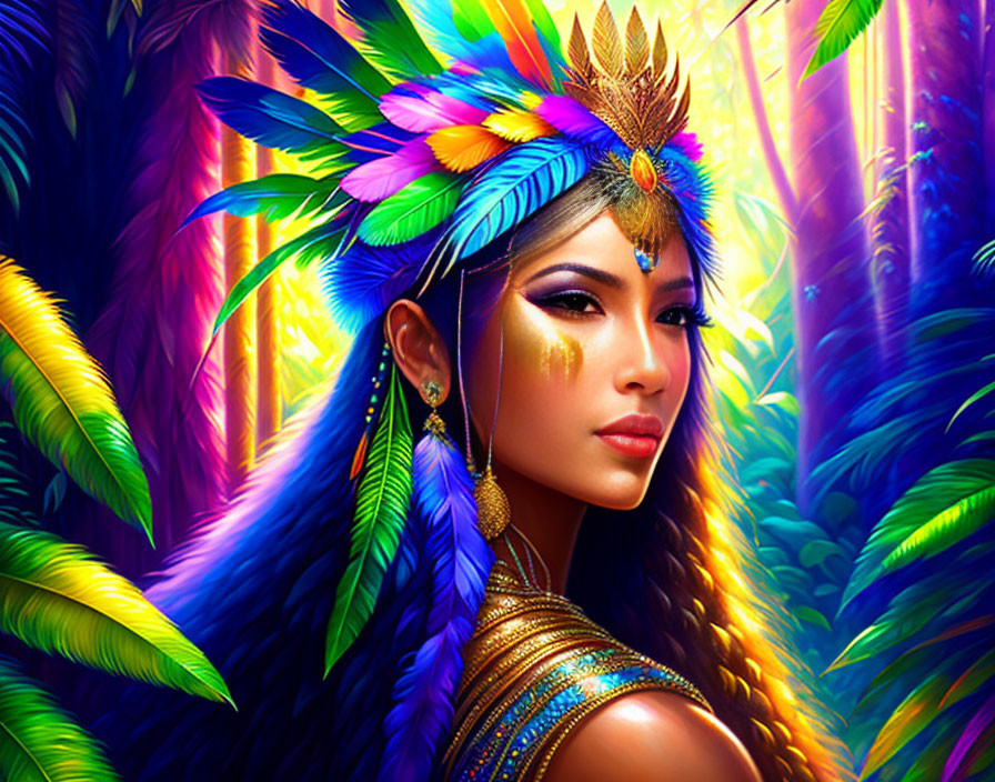 Colorful Feather Headdress Woman in Vibrant Jungle Scene