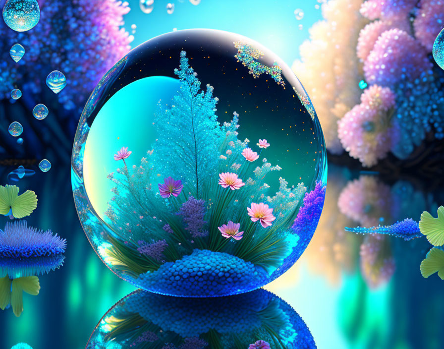 Surreal artwork of miniature ecosystem in crystal clear bubble